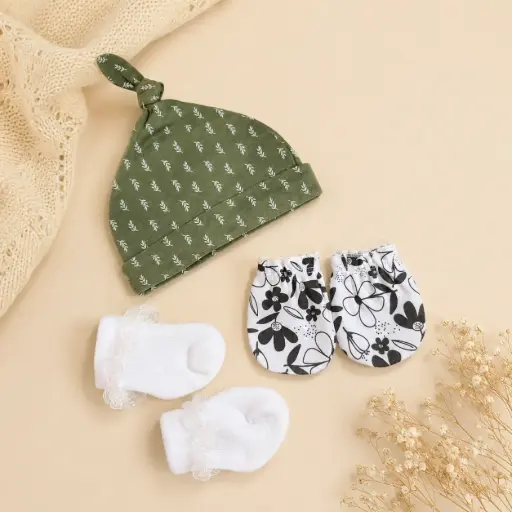 [HM-000851] SET DE GORRA MITONES Y MEDIAS HOJAS