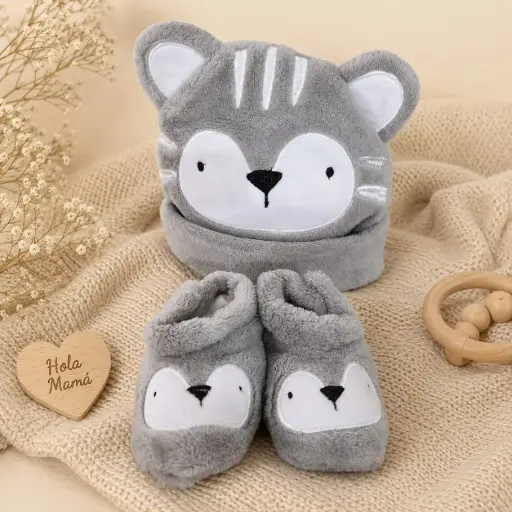 [HM-000839] SET DE  GORRA Y ZAPATO GATITO GRIS
