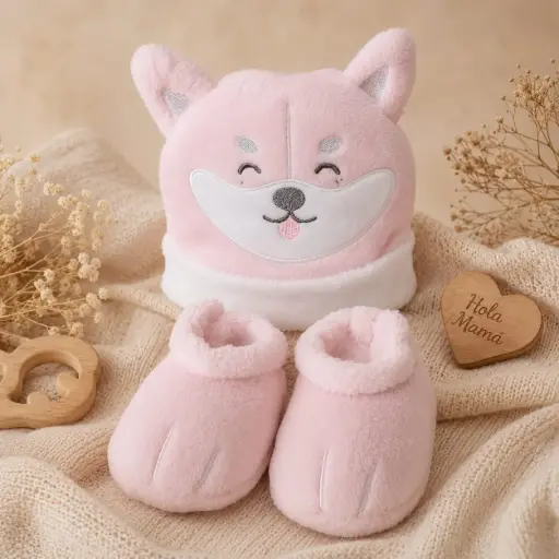 [HM-000840] SET DE  GORRA Y ZAPATO GATITO ROSA