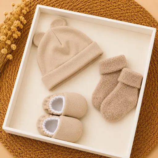 [HM-000859] SET GORRO MEDIAS Y ESCARPINES MARRON